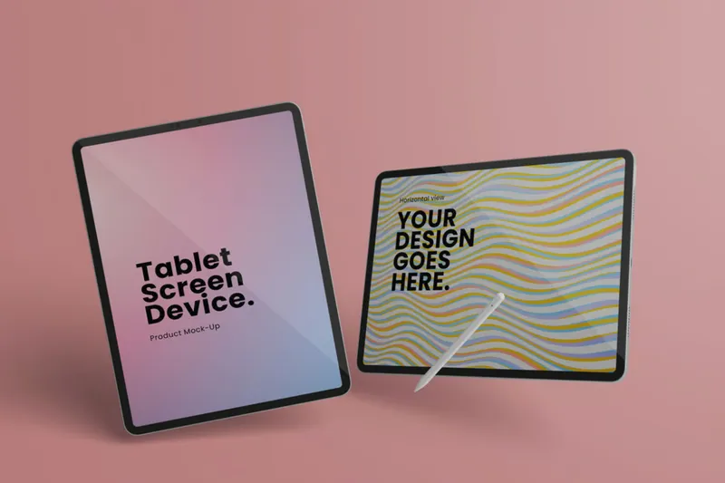 Two tablet mockups with a stylus against a pink background